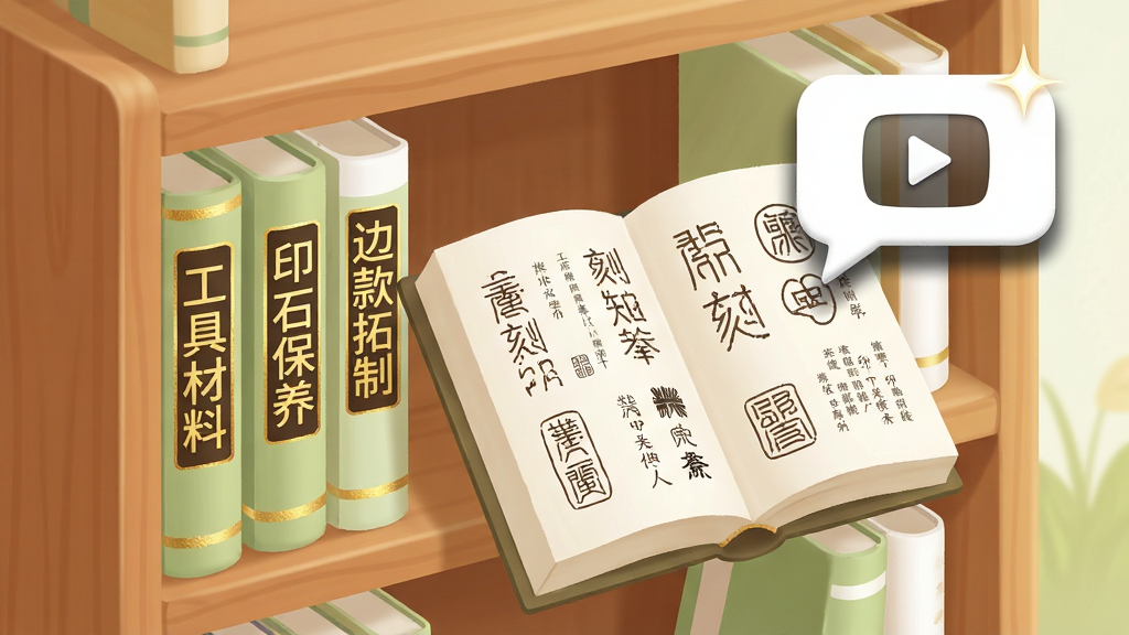 一个虚拟的书架场景,书架上排列着标有“工具材料”“印石保养”“边款拓制”等标签的书籍,其中一本书被抽出打开,书页上显示篆刻知识图文。书架旁有一个浮动的问答气泡和视频播放图标。风格为温馨的学习空间插画,色调以暖木色、浅绿、白色为主。细节包括书籍烫金文字、气泡阴影、图标高光。画质清晰,干净,无多余元素。