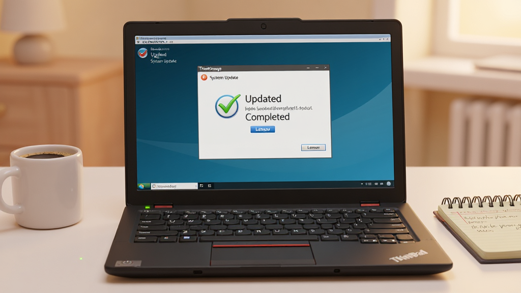 一张展示 ThinkVantage System Update 在联想 ThinkPad 笔记本上运行的场景图,画面中笔记本屏幕显示软件更新完成界面,旁边有一杯咖啡和记事本,背景为整洁的办公桌面,风格温馨实用,细节包括笔记本键盘、电源指示灯和软件界面上的对勾图标,画质清晰,干净,无多余元素