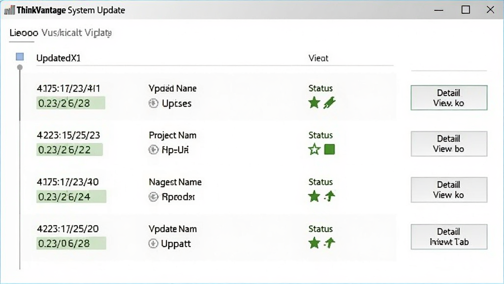 一张展示 ThinkVantage System Update 更新历史记录界面的图片,画面中软件窗口以列表形式展示多条更新记录,每条记录包含日期、项目名称和状态图标,右侧有详情查看按钮,背景为白色,风格清爽简约,细节包括时间轴线条、状态标签和联想 ThinkPad 标志,画质清晰,干净,无多余元素