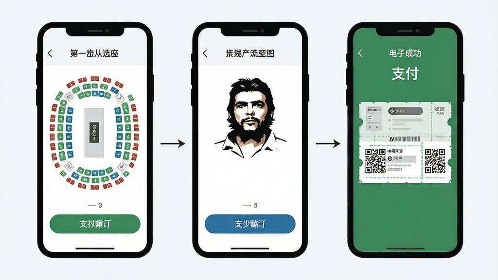 格瓦拉生活购票操作流程图,画面展示手机屏幕中从选座到支付成功的分步界面,布局为横向流程排列,风格扁平化设计,细节包括座位图、支付按钮、二维码电子票,画质清晰,干净无多余元素