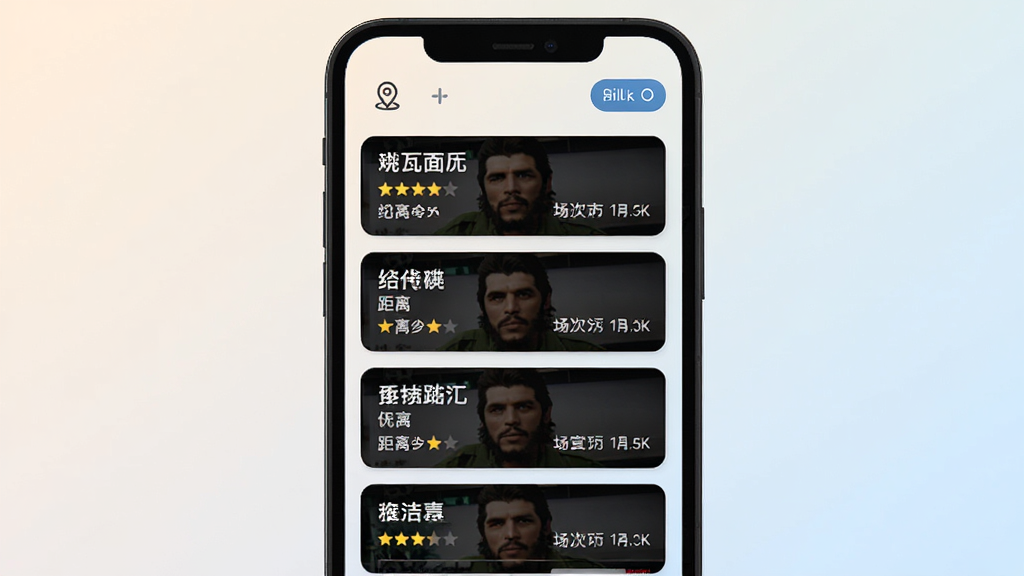 格瓦拉生活应用内影院列表页面,画面展示手机屏幕中排列整齐的影院卡片,每张卡片包含影院名称、距离、评分和场次信息,背景为浅色渐变,布局为纵向列表,风格简洁明快,细节包括定位图标和筛选按钮,画质清晰,干净无多余元素