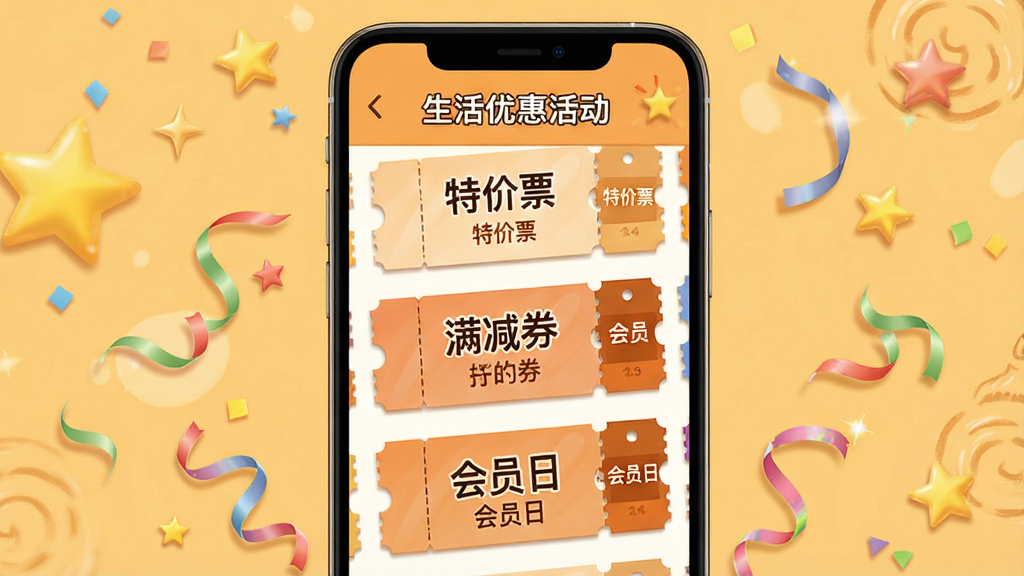 格瓦拉生活优惠活动页面,画面展示手机屏幕中各类优惠券和折扣标签,包括“特价票”“满减券”“会员日”等文字,背景为暖色调,布局为卡片式排列,风格活泼亲民,细节包括星星、彩带等装饰元素,画质高清,干净无多余元素
