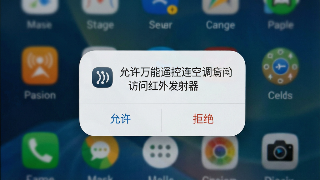 一张展示万能遥控连空调APP在手机上运行时的权限设置界面截图,画面主体是手机屏幕,屏幕上显示着“允许万能遥控连空调访问红外发射器”的弹窗提示,下方有“允许”和“拒绝”两个按钮,背景是模糊的手机桌面,风格为安卓原生系统弹窗,细节包括弹窗的圆角设计和红外图标,画质清晰,干净,无多余元素。