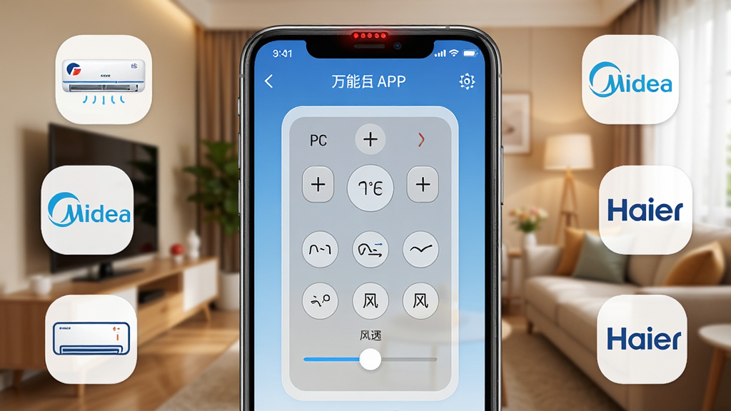 一张展示智能手机屏幕的图片,屏幕上显示着万能遥控连空调APP的主界面,界面中央是一个巨大的虚拟空调遥控器面板,上面有温度加减按钮、模式图标和风速调节滑块,手机周围环绕着格力、美的、海尔等空调品牌的图标,背景是温馨的家居客厅环境,风格为现代科技感UI设计,细节包括手机边缘的红外发射口发出微弱的红光,画质清晰明亮,干净整洁,无多余元素。