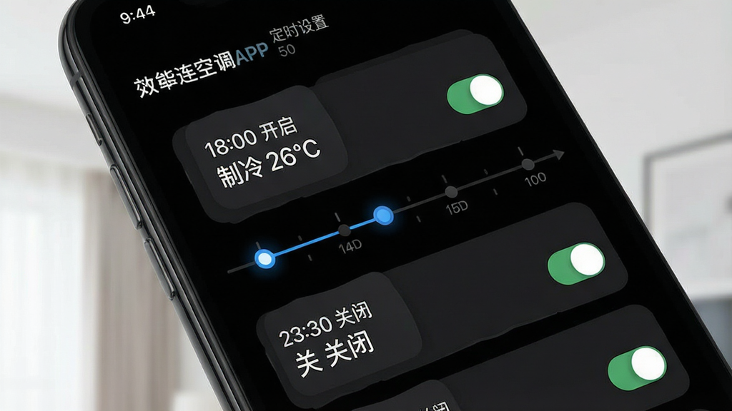 一张展示万能遥控连空调APP定时设置界面的图片,画面主体是手机屏幕,屏幕上显示着一个时间轴和多个定时任务卡片,卡片上写着“18:00 开启 制冷 26℃”和“23:30 关闭”,背景是深色模式,风格为效率工具类UI,细节包括时间轴上的圆点和卡片上的开关拨钮,画质清晰,干净,无多余元素。