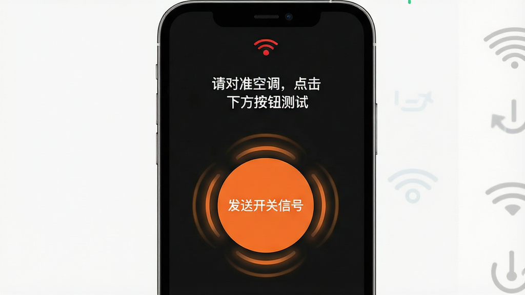 一张展示万能遥控连空调APP配对向导界面的图片,画面主体是手机屏幕,屏幕上显示着“请对准空调,点击下方按钮测试”的提示语,下方有一个巨大的橙色圆形按钮写着“发送开关信号”,背景是深色模式的界面,风格为极简交互设计,细节包括按钮周围有脉冲动画光圈和手机顶部红外发射图标,画质清晰,干净,无多余元素。