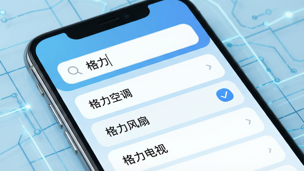 一张展示万能遥控连空调APP搜索界面的图片,画面主体是一个手机屏幕,屏幕上方有一个搜索框,里面输入了“格力”两个字,下方列出了“格力空调”、“格力风扇”、“格力电视”等选项,旁边有一个勾选标记选中了“格力空调”,背景是浅蓝色的科技网格纹理,风格简洁明快,细节包括搜索框的放大镜图标和列表项的圆角设计,画质高清,干净利落,无多余元素。