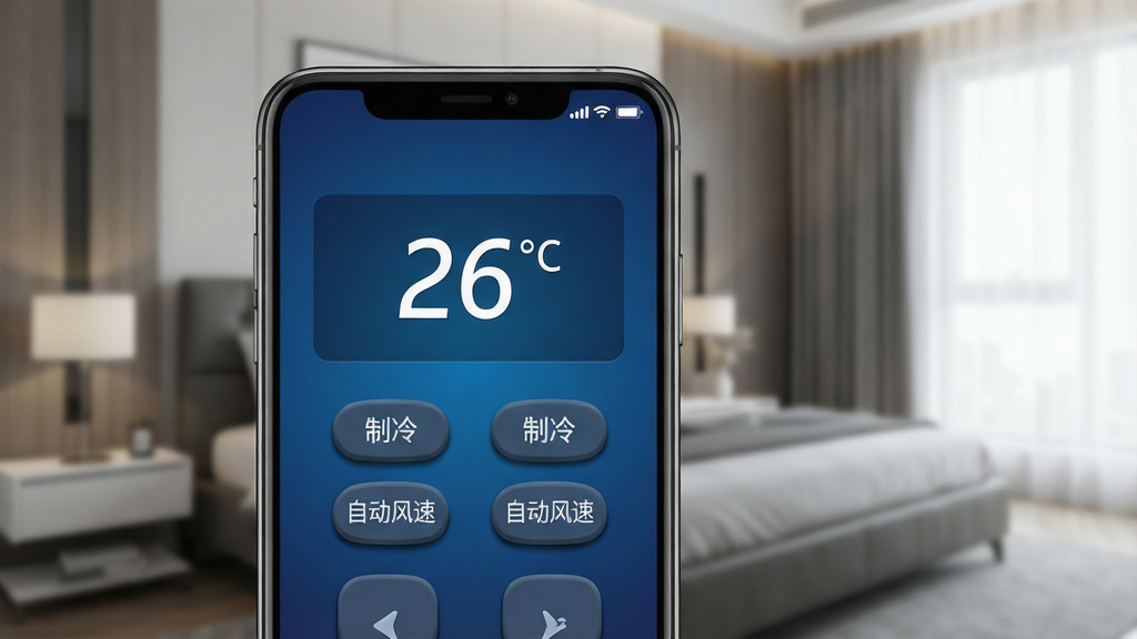 一张展示万能遥控连空调APP个性化面板的图片,画面主体是手机屏幕,屏幕上显示着一个设计精美的虚拟空调遥控器,界面采用深蓝色渐变背景,按键带有轻微的立体阴影效果,面板上清晰可见“26℃”、“制冷”、“自动风速”等字样,背景是模糊的现代家居卧室,风格为拟物化与扁平化结合,细节包括屏幕右上角的信号强度图标和电池电量显示,画质高清,干净,无多余元素。
