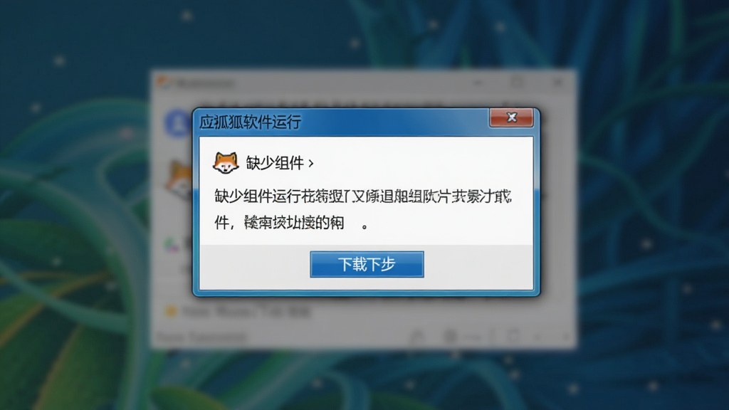 应狐软件运行报错弹窗的解决示意图,画面主体为电脑屏幕显示错误提示框,布局居中,风格为写实截图风格,细节包含“缺少组件”字样与下载按钮,画质清晰,干净,无多余元素