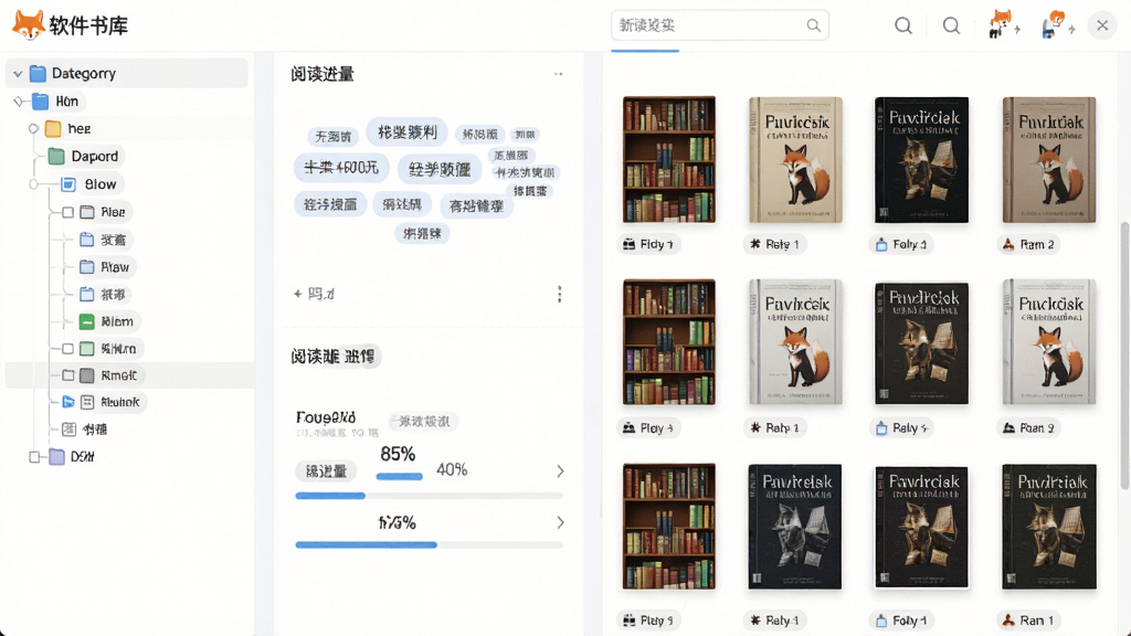 应狐软件的书库管理界面,画面主体为分类书架与书籍列表,布局左侧为分类目录树,右侧为书籍缩略图网格,风格为清爽的浅色商务风,细节包含标签云与阅读进度百分比,画质清晰,干净,无多余元素
