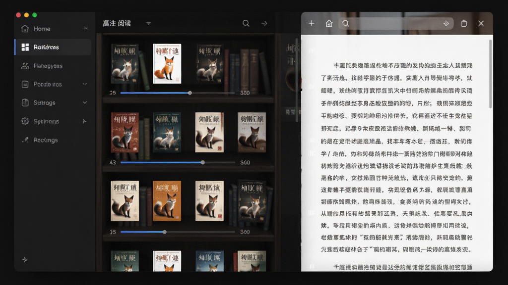 软件应狐的桌面端主界面全貌展示,画面中央是整齐的书架列表,左侧为深色导航栏,右侧显示正在阅读的小说正文页,整体采用暗色护眼主题,风格简洁现代,排版清晰,细节包含书籍封面缩略图与阅读进度条,画质清晰,干净,无多余元素