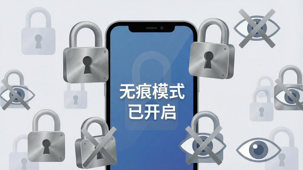 一张展示隐私保护概念的插画,画面中央是一部手机,手机周围环绕着半透明的锁形图标和眼睛被划掉的符号,手机屏幕显示“无痕模式已开启”字样,布局采用环绕式构图,风格为扁平化安全主题,细节上锁形图标带有金属质感,背景为柔和的浅灰色,画质清晰,画面干净,无多余元素