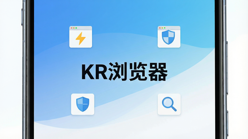 一张展示现代智能手机界面的高清图片,屏幕中央是KR浏览器的启动页面,背景为干净的蓝白渐变色调,界面中央有醒目的“KR浏览器”文字标识,周围环绕着极简风格的网页元素图标如闪电、盾牌、放大镜,整体布局采用居中对称排版,风格为现代扁平化科技感,细节上手机边缘有微弱的反光质感,画质清晰,画面干净,无多余元素