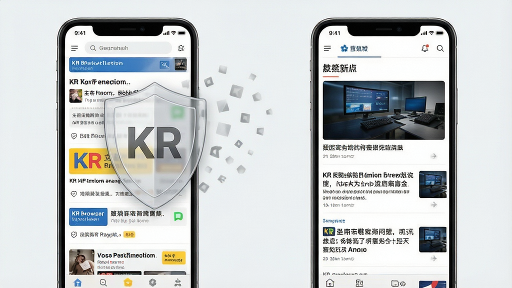 一张展示KR浏览器广告拦截功能的场景图,画面左侧是一部智能手机,屏幕上原本杂乱的网页广告被一个透明的盾牌图标挡住并消散,右侧是干净整洁的新闻阅读界面,布局采用左右对比排版,风格为简洁实用风,细节上盾牌图标带有“KR”暗纹,界面文字清晰,画质干净,无多余元素