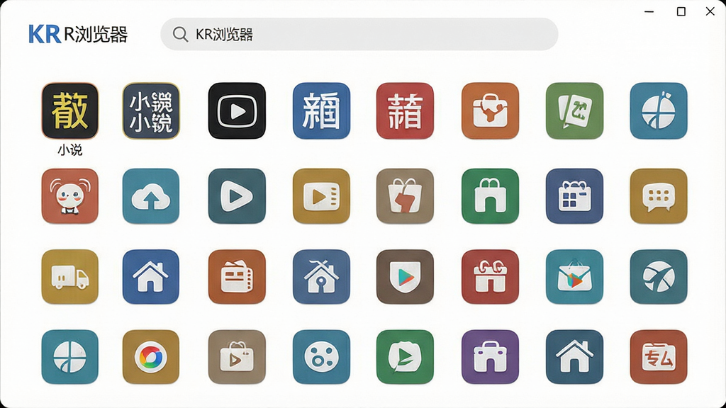 一张展示KR浏览器导航主页的界面截图风格图片,画面中央是整齐排列的各类网站图标矩阵,包括小说、视频、新闻、购物等分类标签,顶部有“KR浏览器”的搜索栏,布局采用网格化排版,风格为清新简约风,细节上图标色彩丰富且统一,背景为纯白色,画质清晰,画面干净,无多余元素