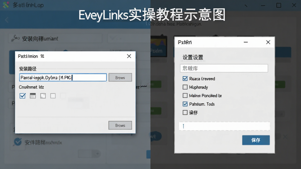 EveryLinks实操教程示意图,主体为软件安装向导界面与设置面板的合成图,布局为左右对比展示,左侧显示安装路径选择对话框,右侧显示软件设置选项面板,排版清晰,风格为简洁商务风,细节包括路径输入框、浏览按钮、复选框选项、保存按钮,画质清晰干净,无多余元素
