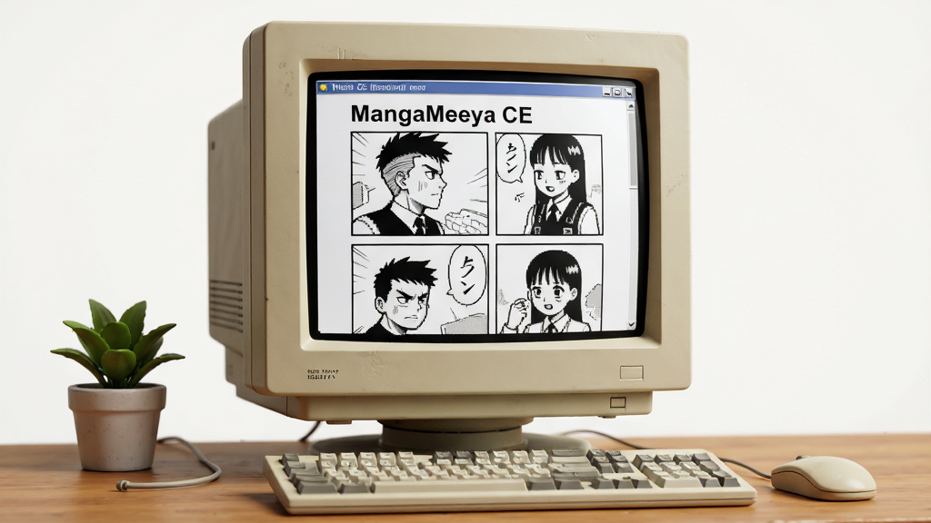 MangaMeeya CE 轻量无广告特性示意图,主体是一台老式台式电脑显示器,屏幕上显示简洁的漫画阅读界面,布局为居中构图,排版突出清爽感,风格为复古数码写实风,细节包括显示器边框厚度、桌面键盘、屏幕无任何弹窗广告、旁边有一盆小绿植,画质清晰 干净 无多余元素