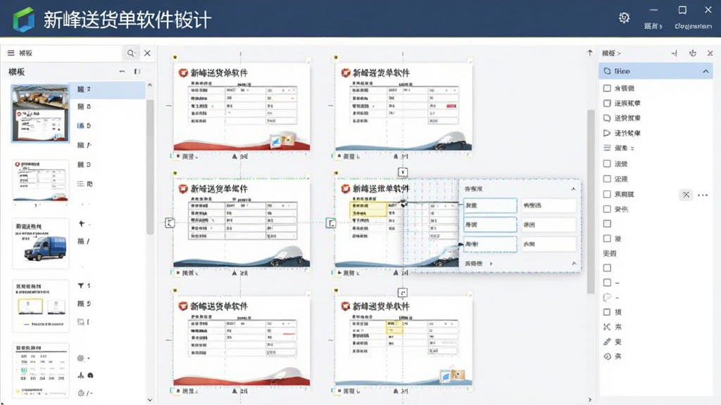 新峰送货单软件模板设计界面,画面中显示多个送货单模板缩略图,用户正在拖拽调整字段位置,界面左侧为模板列表,右侧为编辑区,风格专业简洁,画质清晰,图片中带有“新峰送货单软件”文字