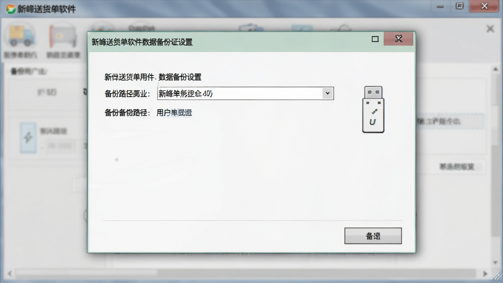 新峰送货单软件数据备份设置界面,画面展示软件中的备份选项窗口,用户正在选择备份路径为U盘,界面风格简洁实用,配色柔和,画质清晰,带“新峰送货单软件”文字标识