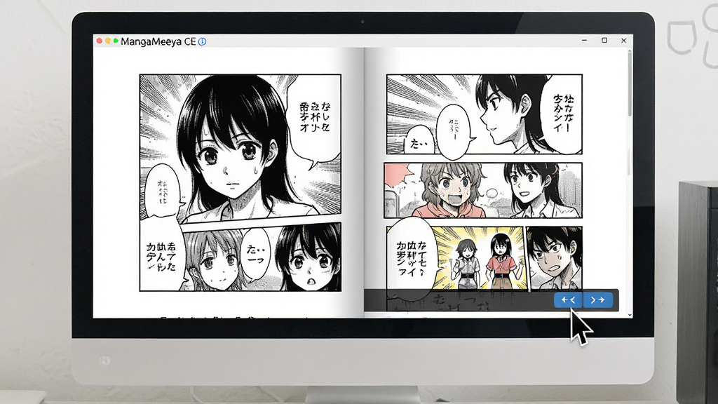 MangaMeeya CE 双页显示功能展示图,主体是电脑屏幕上并排显示两页漫画,布局为居中对称,排版突出双页效果,风格为日系漫画阅读场景风,细节包括屏幕边框、漫画对话框、跨页彩图衔接处、鼠标指针悬停在切换按钮上,画质细腻 干净 无多余元素