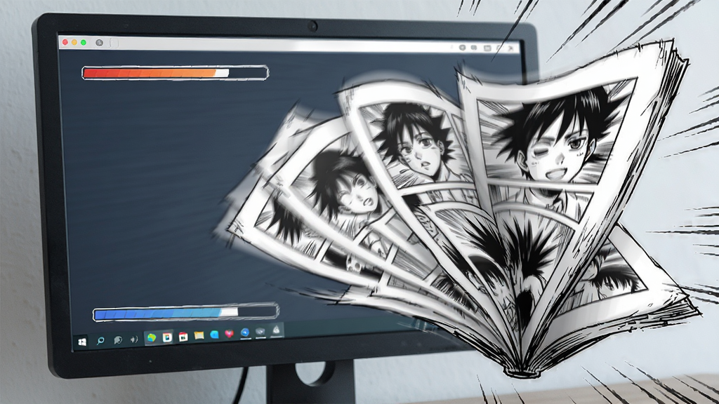 MangaMeeya CE 极速翻页功能展示图,主体为漫画书页从右向左翻动的动态瞬间,背景是电脑屏幕,布局采用对角线构图,排版突出速度感,风格为动感插画风,细节包括飞散的页面残影、速度线、屏幕上的进度条,画质锐利 干净 无多余元素