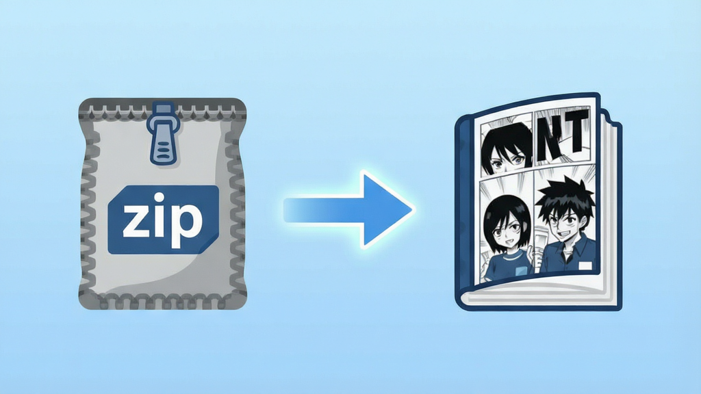 MangaMeeya CE 压缩包直读功能示意图,主体是一个 zip 压缩包图标与漫画书图标之间用箭头连接,背景为浅蓝色渐变,布局为左右对称,排版简洁明了,风格为扁平化图标设计风,细节包括压缩包拉链纹理、书页边缘、箭头光效,画质清晰 干净 无多余元素