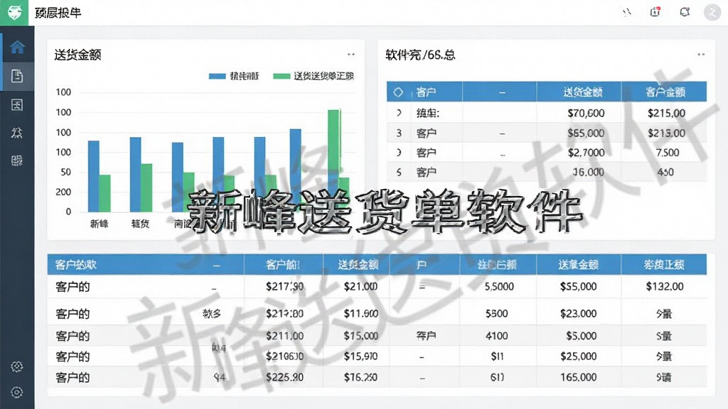 新峰送货单软件统计报表页面,画面展示柱状图与数据表格,表格中列出不同客户的送货金额汇总,界面风格现代简洁,配色清爽,数据清晰可见,画质细腻,带软件名称“新峰送货单软件”水印