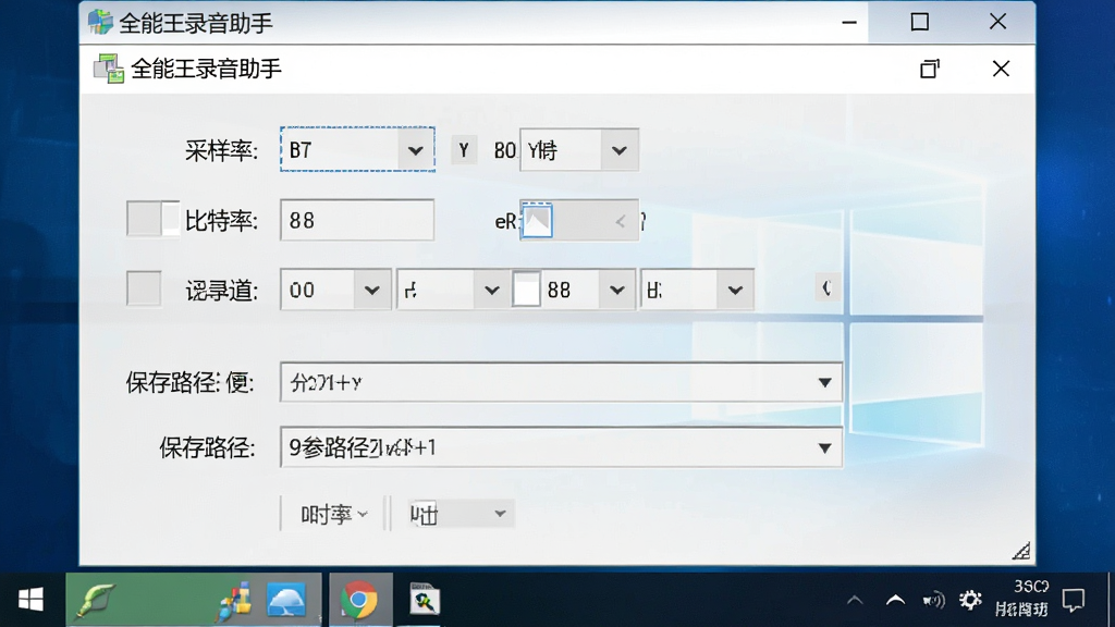 一张展示全能王录音助手在Windows电脑上运行时的参数设置界面截图,画面中可见采样率、比特率、声道选项与保存路径设置栏,界面风格为浅色主题,布局清晰,屏幕上方显示“全能王录音助手”标题,画质干净,文字锐利,无多余元素