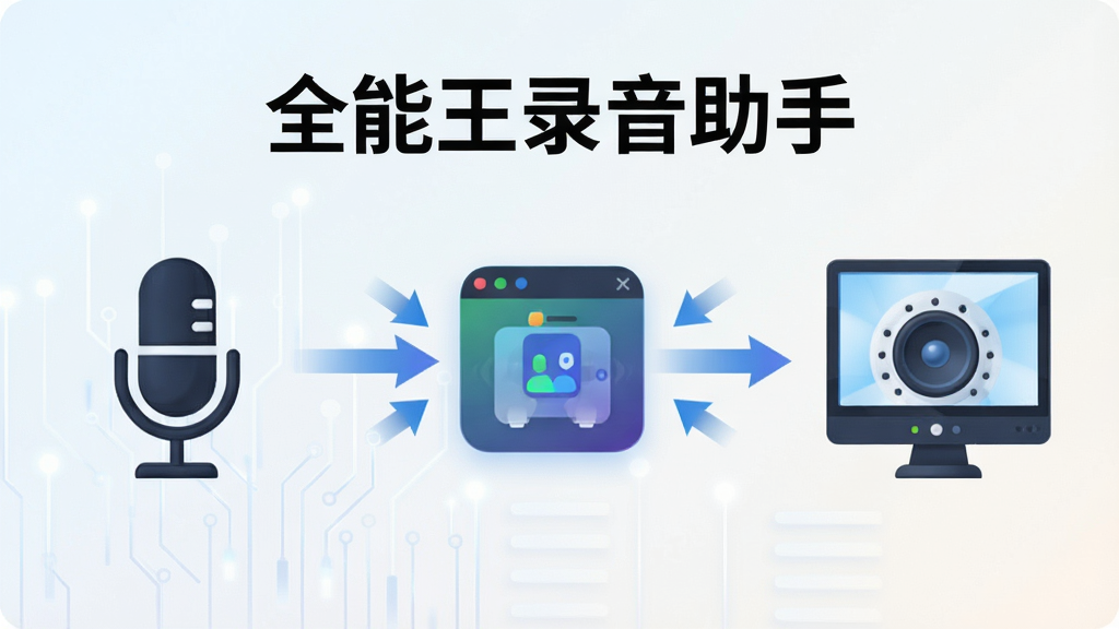 一张展示全能王录音助手多源采集功能的示意图,画面左侧为麦克风图标,右侧为电脑扬声器图标,中间通过箭头汇聚到软件图标中,背景为浅色渐变,风格简洁科技感,画面中标注“全能王录音助手”文字,画质清晰,布局规整,无多余装饰