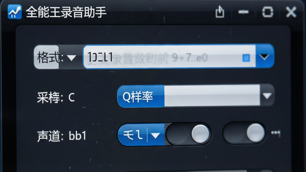 一张展示全能王录音助手音频参数设置面板的局部特写图,画面中可见格式下拉菜单、采样率选项与声道切换按钮,界面风格为深灰色调搭配蓝色选中状态,屏幕一角显示“全能王录音助手”标识,画质锐利,文字清晰可辨,无杂乱元素