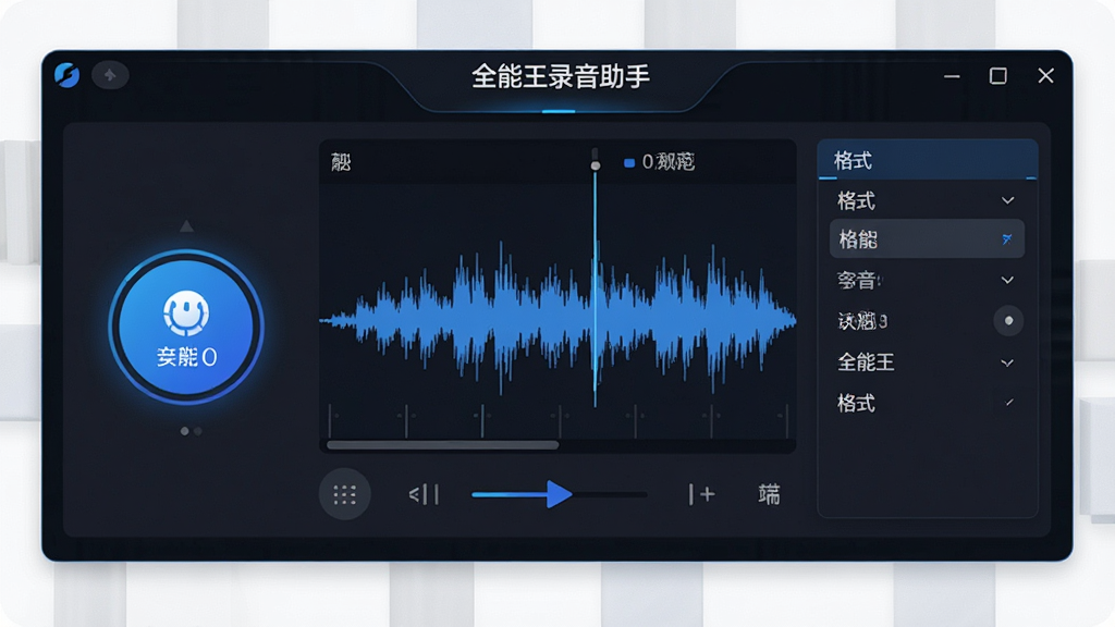 一张展示全能王录音助手软件界面的预览图,画面中央为主操作面板,包含录音按钮、波形显示区与格式选择菜单,整体采用深色主题搭配蓝色高亮点缀,布局简洁清晰,屏幕中显示“全能王录音助手”字样,风格为现代软件UI展示图,细节干净,画质清晰,无多余元素