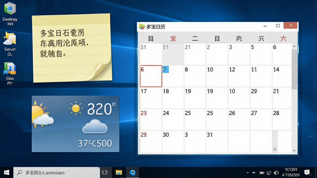 一张多宝日历软件在Windows桌面上的运行效果图,画面展示日历窗口置顶显示在桌面右侧,旁边有便签和天气信息,布局为桌面实际使用场景,风格真实自然,细节上显示“多宝日历”软件名称在窗口标题栏,画质高清,干净,无多余元素