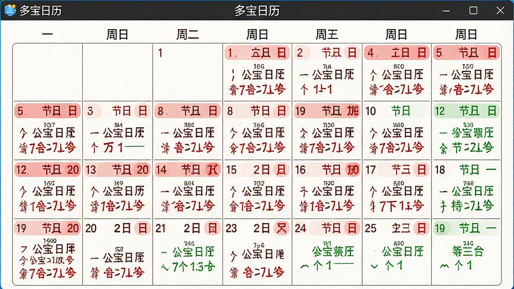 一张多宝日历软件界面特写图,画面主体为月历视图,日期格子中同时显示公历与农历文字,节假日用红色标注,节气用绿色标注,布局为传统月历网格排版,风格清新简洁,细节上显示“多宝日历”软件名称在顶部标题栏,画质高清,干净,无多余元素