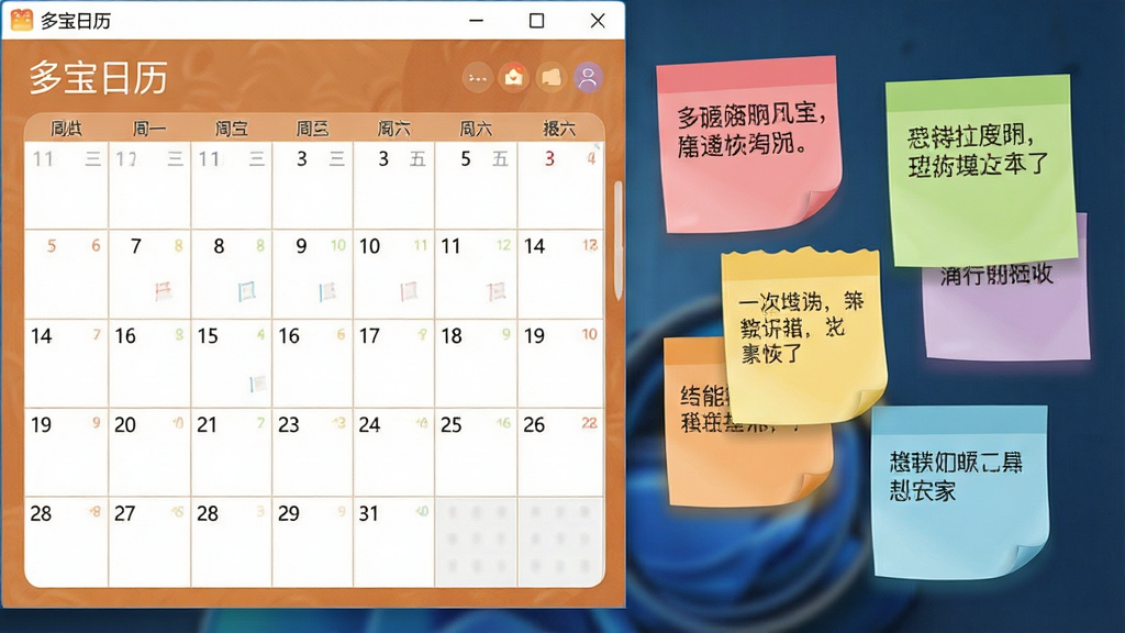 一张多宝日历软件界面截图,画面展示桌面便签功能,日历旁边浮动着彩色便签卡片,便签上写有文字内容,布局为日历与便签并排显示,风格温馨实用,细节上显示“多宝日历”软件名称在窗口左上角,画质高清,干净,无多余元素