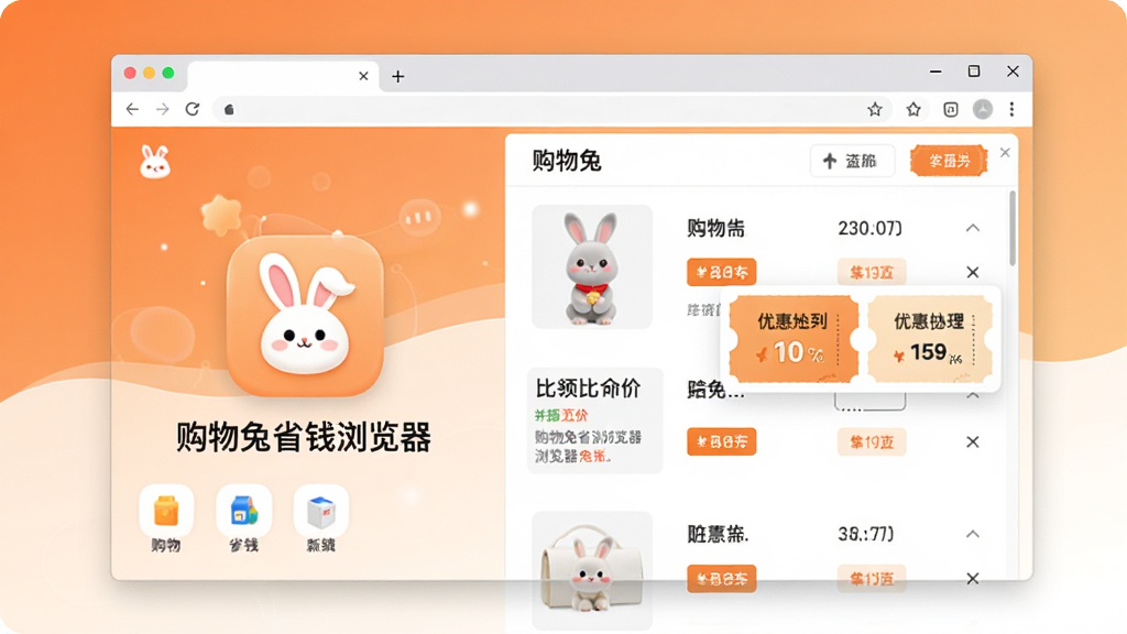 一张展示购物兔省钱浏览器主界面的图片,画面中央是浏览器窗口,左侧显示购物兔省钱浏览器图标和名称,右侧展示商品比价列表和优惠券弹窗,背景为温馨的橙色与白色渐变,风格简洁明快,细节清晰,画质干净无多余元素,整体呈现出现代科技感与实用工具氛围