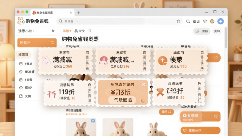 购物兔省钱浏览器优惠券自动匹配功能展示,画面中购物兔省钱浏览器界面弹出多张优惠券悬浮窗,有满减券和折扣券,背景是商品详情页,色调温暖,风格直观,画质干净