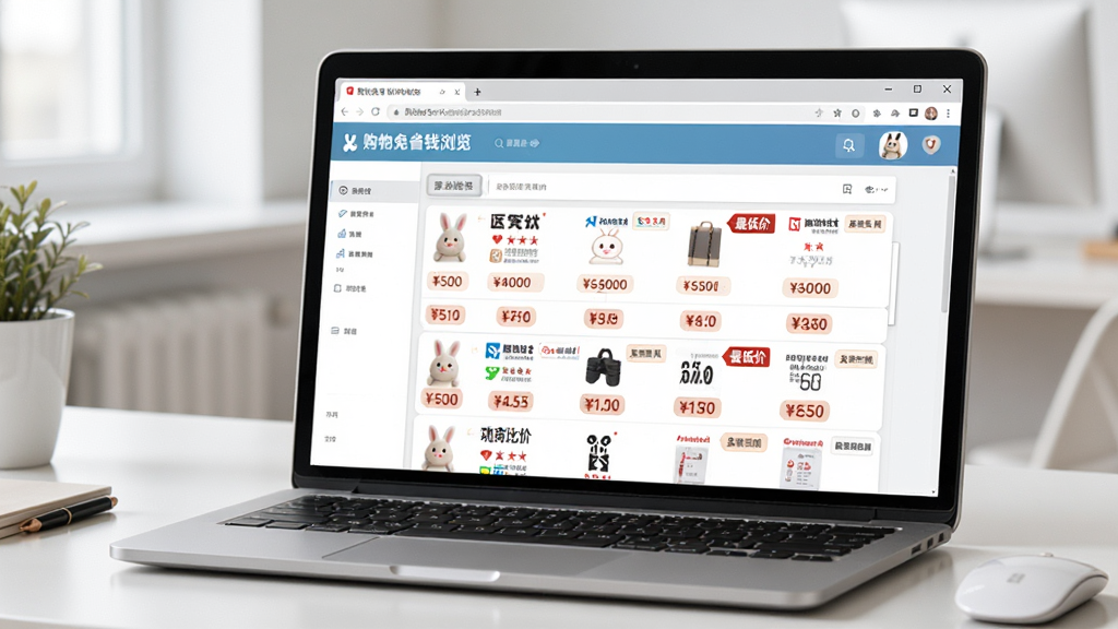 购物兔省钱浏览器智能比价功能界面,画面中一台笔记本电脑屏幕上显示购物兔省钱浏览器窗口,窗口内展示多个电商平台的价格对比列表,有红色标签标注最低价,背景为简洁的办公桌面,风格写实,画质清晰,无多余元素