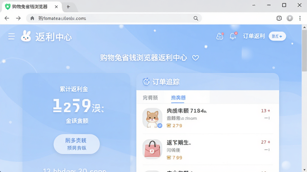 购物兔省钱浏览器返利提醒界面,画面展示购物兔省钱浏览器窗口中的返利中心页面,显示累计返利金额和订单追踪列表,背景为柔和的蓝色调,风格简洁,画质清晰
