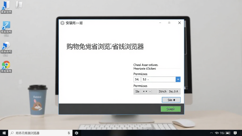 购物兔省钱浏览器在Windows电脑上的安装步骤截图,画面展示安装向导界面和权限设置选项,背景为简洁的桌面环境,风格清晰,画质干净