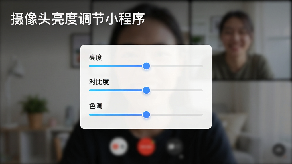 一张展示摄像头亮度调节小程序主界面的软件预览图,画面中央是简洁的调节面板,包含亮度、对比度、色调三个滑块,背景为虚化的视频通话画面,画面左上角标注“摄像头亮度调节小程序”白色文字,整体风格干净清爽,科技感十足,高画质,无多余元素