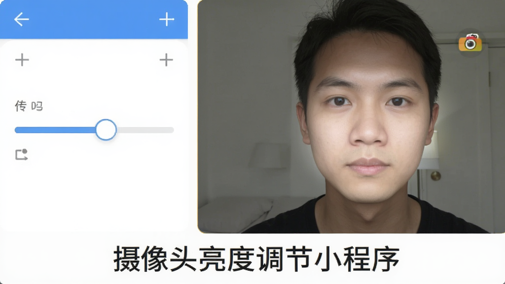 一张展示摄像头亮度调节小程序实时预览功能的示意图,画面左侧是调节滑块面板,右侧是摄像头拍摄的人物画面,画面中人物脸部亮度正随着滑块移动而变化,画面底部标注“摄像头亮度调节小程序”字样,风格为扁平化UI设计,细节清晰,画质干净