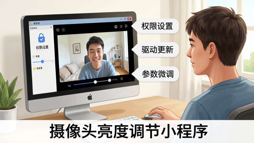 一张展示摄像头亮度调节小程序新手操作场景的示意图,画面中一位用户坐在电脑前,屏幕上显示软件调节界面和摄像头预览画面,画面旁边有“权限设置”“驱动更新”“参数微调”三个提示标签,画面底部标注“摄像头亮度调节小程序”文字,风格为写实插画,光线明亮,画质清晰
