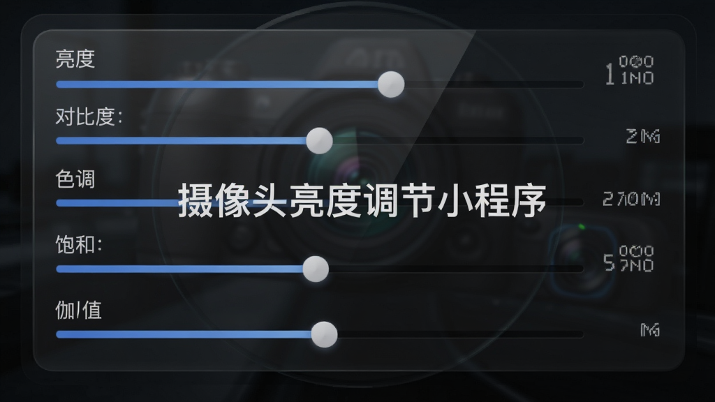 一张展示摄像头亮度调节小程序多参数控制面板的界面图,画面上排列着亮度、对比度、色调、饱和度、伽马值五个调节滑块,每个滑块旁边有数值显示,整体布局整齐,背景为深色半透明玻璃效果,画面中央标注“摄像头亮度调节小程序”文字,风格现代简洁,高分辨率