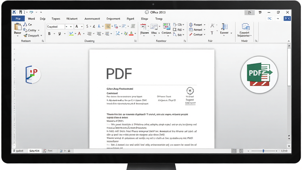 一张展示 Office 2013 处理 PDF 文档的图片,画面中央是一台显示器,屏幕上显示 Word 2013 界面中打开了一份 PDF 文件,旁边有导出为 PDF 的按钮图标,整体风格商务简洁,画质清晰,无多余元素