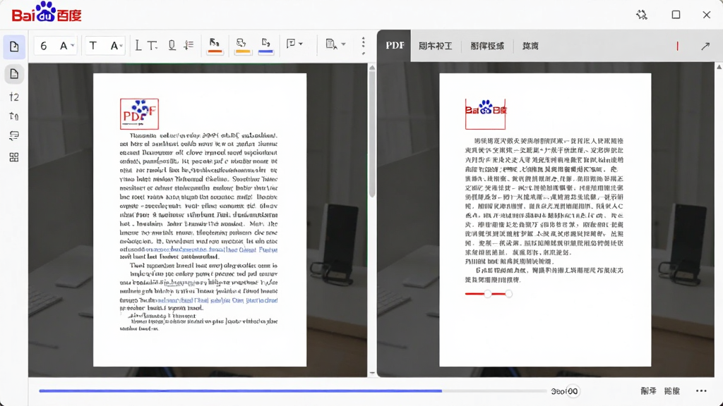 百度翻译文档翻译功能界面,画面展示一个PDF文档正在被翻译,左侧是英文原文,右侧是中文译文,界面显示文档格式和翻译进度条,背景为整洁的办公桌面,风格商务简约,画质清晰,干净无多余元素