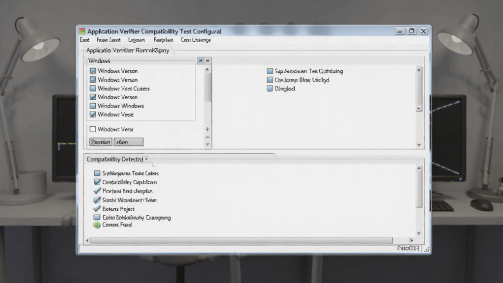 一张展示 Application Verifier 兼容性测试配置界面的图片,画面中软件窗口显示多个 Windows 版本选项和兼容性检测项目,背景是简洁的测试环境,风格专业,画质清晰,无多余元素