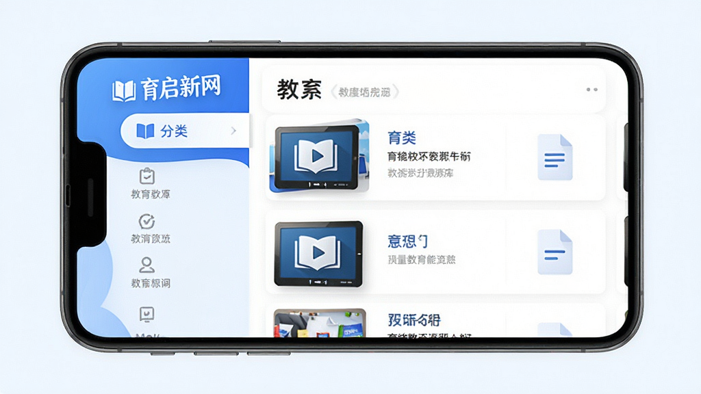 育启新网海量教育资源功能展示图,主体为手机屏幕中呈现分类清晰的教育资源库,布局为左侧分类导航右侧内容列表,排版整齐有序,风格为清新简约风,细节包括书籍图标、视频图标、文档图标、蓝色与白色配色,画质高清,干净,无多余元素