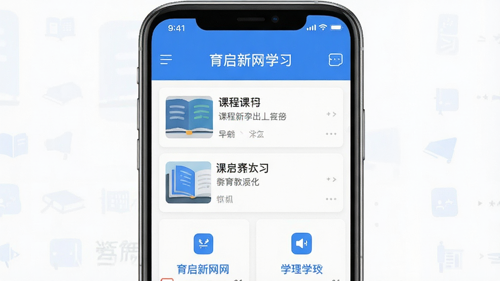 育启新网软件主界面展示,主体为手机屏幕中显示教育学习应用界面,布局为居中放置一部智能手机,屏幕内呈现课程列表与学习模块,排版简洁清晰,风格为现代扁平化设计,细节包括蓝色主色调图标、白色背景、文字清晰,画质高清,干净,无多余元素