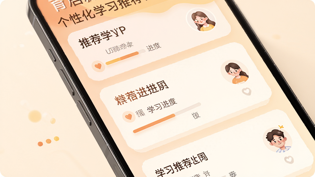 育启新网个性化学习推荐界面,主体为手机屏幕中展示智能推荐的学习卡片,布局为纵向卡片流式排列,排版错落有致,风格为温暖柔和色调,细节包括推荐标签、学习进度条、头像图标,画质高清,干净,无多余元素