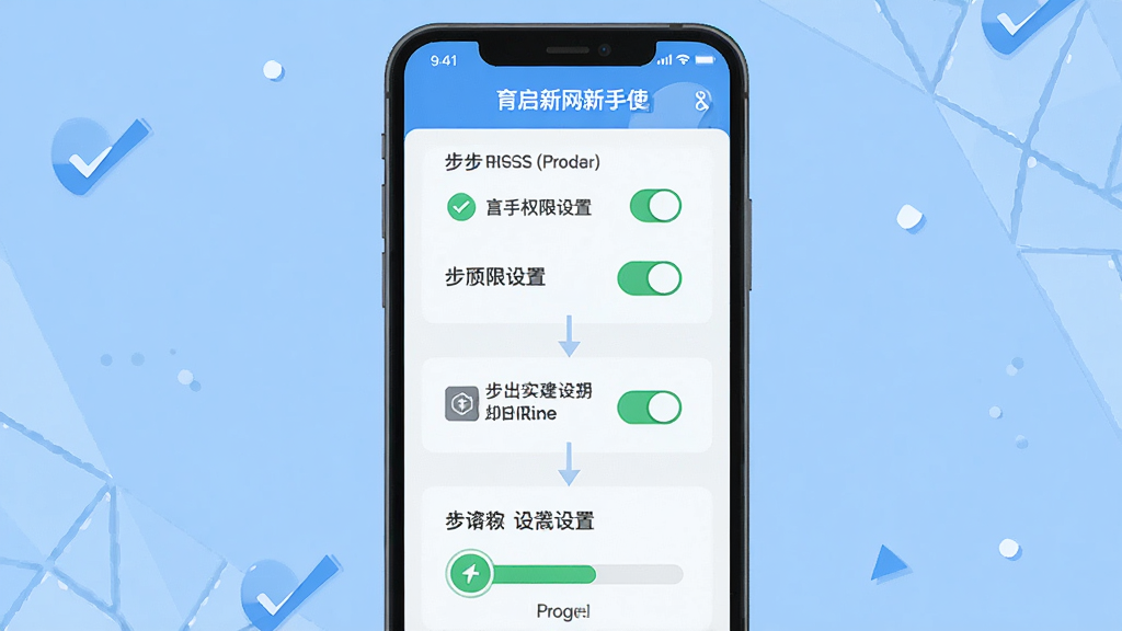 育启新网新手使用指南示意图,主体为手机屏幕中显示安装步骤与权限设置界面,布局为分步图示从上到下排列,排版清晰明了,风格为扁平化插画风,细节包括勾选图标、权限开关、进度指示,画质高清,干净,无多余元素